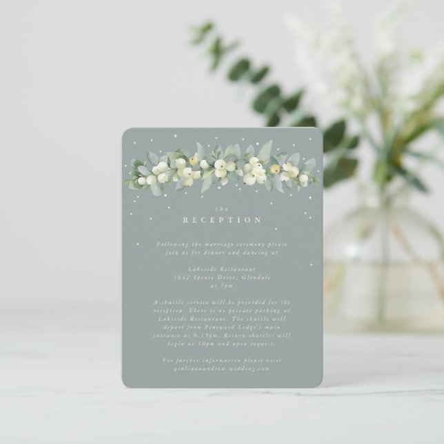 Cartão De Informações Seafoam Snowberry+Eucalyptus Recepção de casamento (Em pé/Frente)