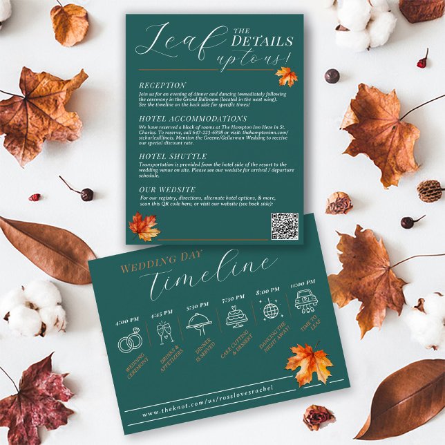 Cartão De Informações Seja Folha No Amor Detalhes Do Casamento outono Rú (Leaf Pun teal & rust BeLeaf in Love rustic fall leaves Autumn wedding details timeline infographic)