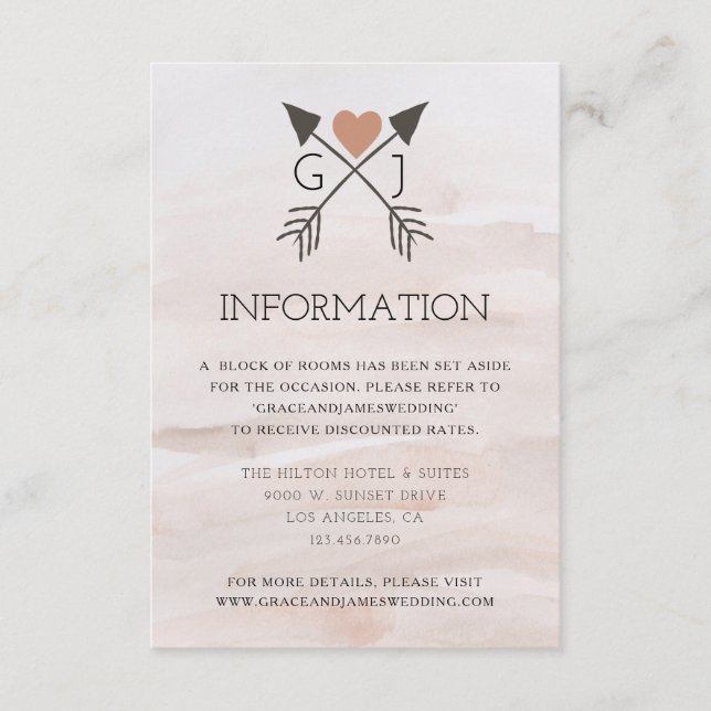 Cartão De Informações Seta Romântica Rústica e Informações sobre Casamen (Frente)