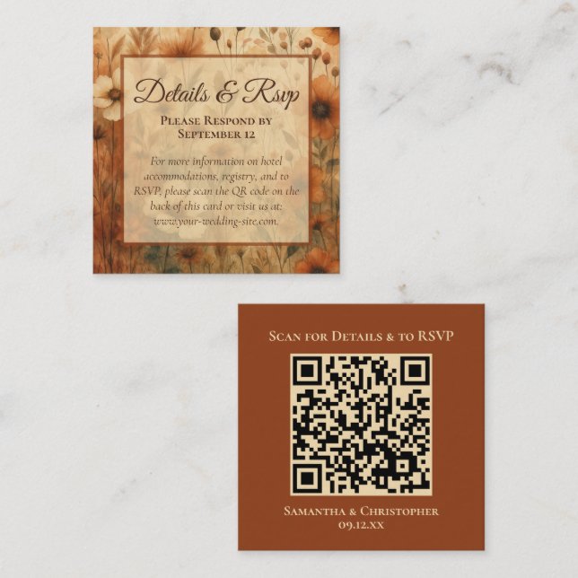 Cartão De Informações Sienna Wildflowers Wedding Details & RSVP QR Code (Frente/Verso)