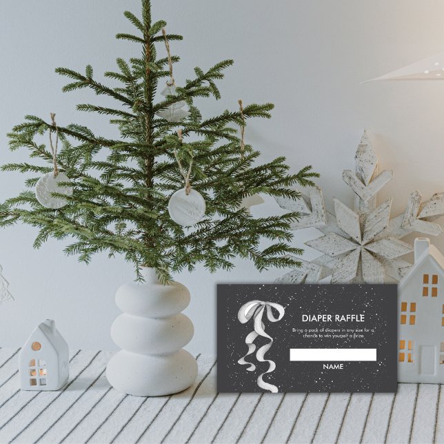 Cartão De Informações Silver Bow Winter Snow Diaper Raffle Baby Shower  (Silver Bow Winter Snow Diaper Raffle Baby Shower Enclosure Card)