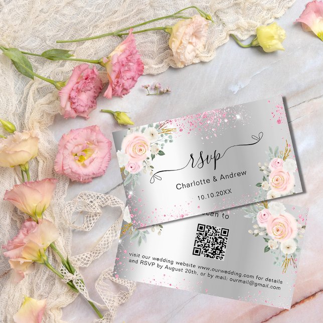 Cartão De Informações Silver Flores Rosa Site do casamento RSVP Código Q (Criador carregado)