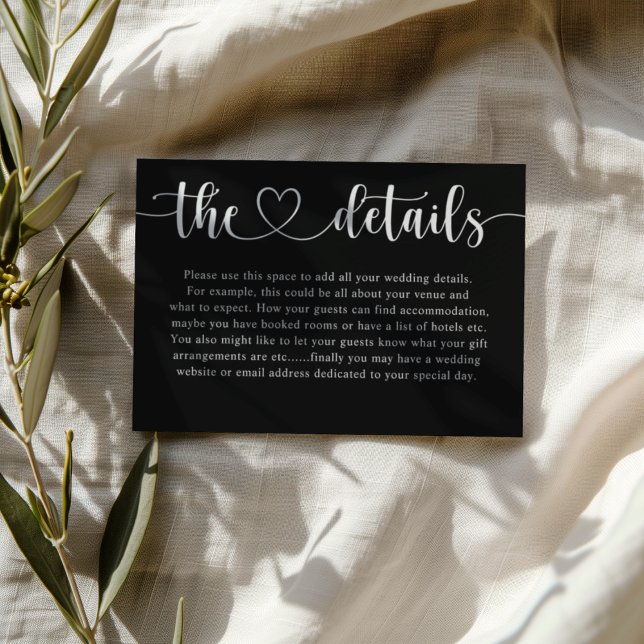 Cartão De Informações Simple Black & White Heart Wedding Details  (Criador carregado)