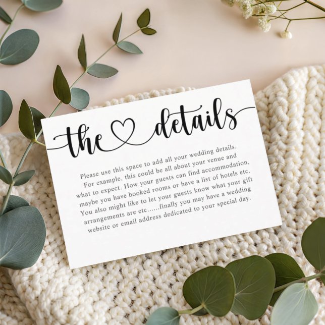 Cartão De Informações Simple Black & White Heart Wedding Details  (Criador carregado)