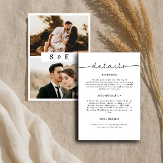 Cartão De Informações Simple Calligraphy Black & White Photo Wedding