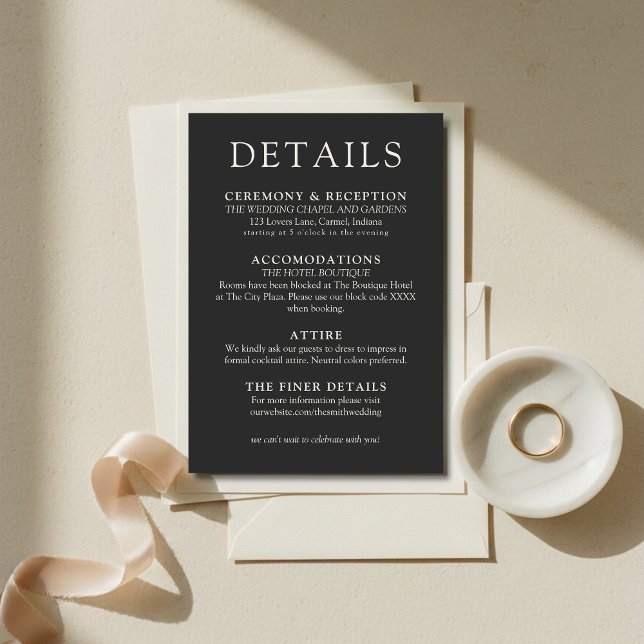 Cartão De Informações Simple Charcoal Classic Wedding Details (Simple Charcoal Classic Wedding Details Enclosure Card
)