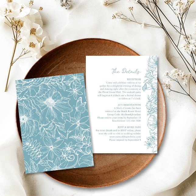 Cartão De Informações Simple Dusty Blue Floral Garden Wedding Details (Criador carregado)