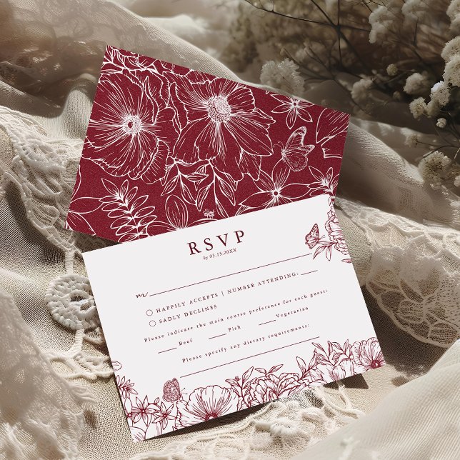 Cartão De Informações Simple Elegant Burgundy Garden Wedding RSVP (Criador carregado)
