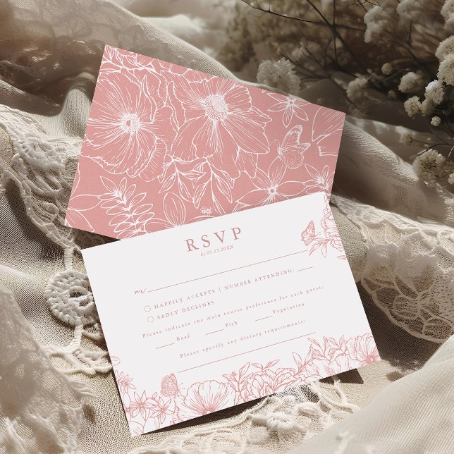 Cartão De Informações Simple Elegant Dusty Pink Garden Wedding RSVP (Criador carregado)