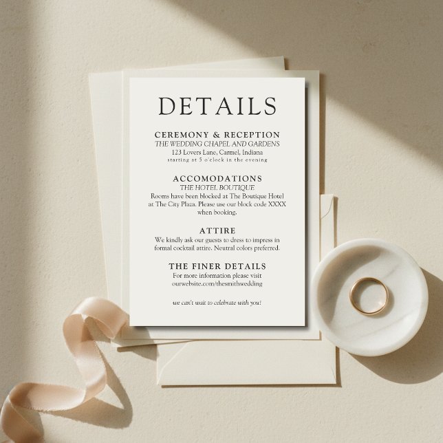 Cartão De Informações Simple Ivory Classic Wedding Details (Simple Ivory Classic Wedding Details Enclosure Card)
