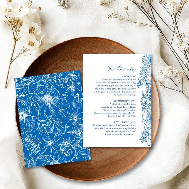Cartão De Informações Simple Royal Blue Floral Garden Wedding Details (Criador carregado)