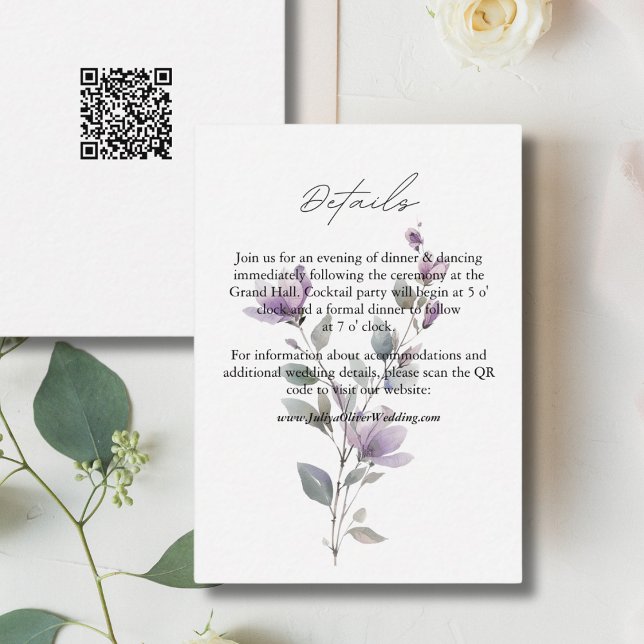 Cartão De Informações Simples aquarela Detalhes do casamento Floral QR (Criador carregado)