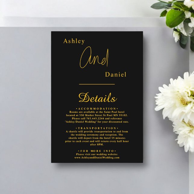 Cartão De Informações Simples Casamento Chic Dourado E Preto Elegante (Criador carregado)