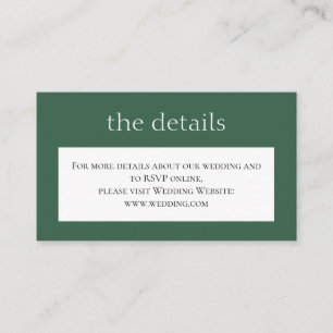 Cartão De Informações Simples Casamento clássico verde. Detalhes. Site