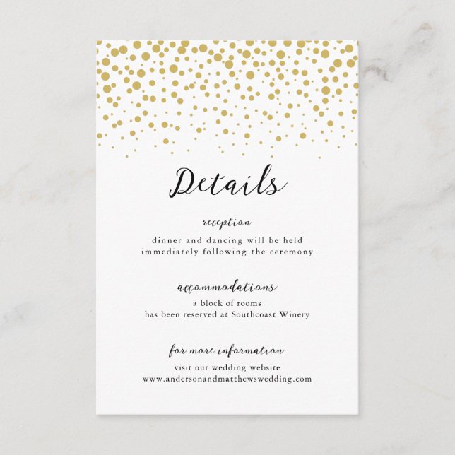 Cartão De Informações Simples Casamento Elegante Dourado de Confetti (Frente)