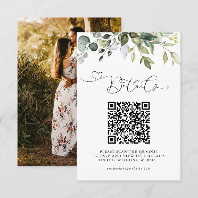 Cartão De Informações Simples Código QR de Verde de Eucalipto & Casament (Frente/Verso)