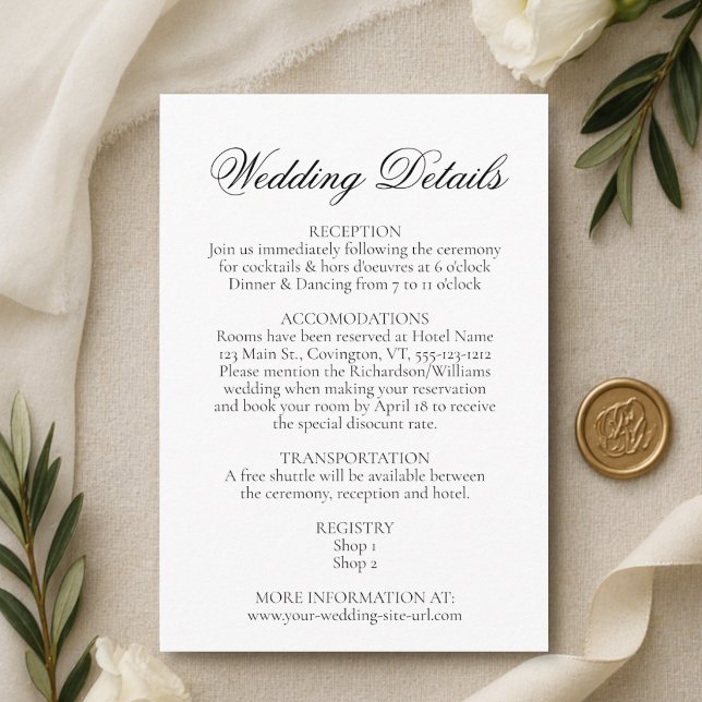 Cartão De Informações Simples Detalhes de Casamento Preto e Branco Elegâ (Criador carregado)