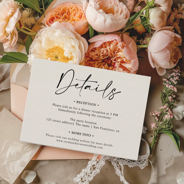 Cartão De Informações Simples e elegante roteiro branco preto detalhes d (Simple elegant black white script details wedding enclosure card)