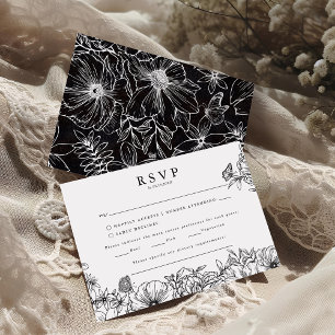 Cartão De Informações Simples Elegante Jardim Preto Branco Casamento RSV