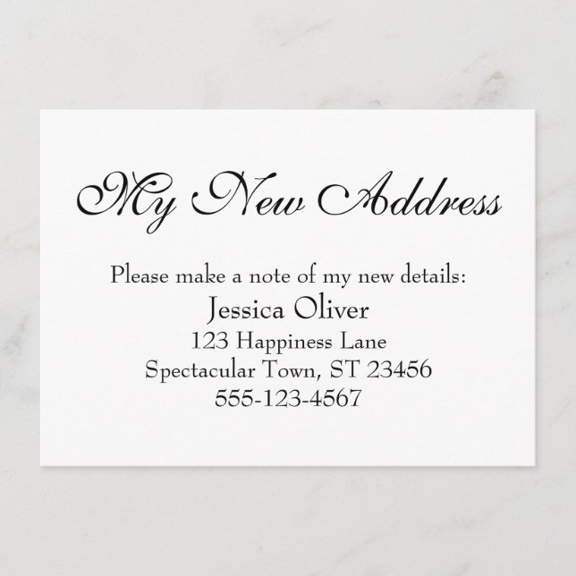Cartão De Informações Simples, Elegante Meu Novo Endereço Preto em Branc (Frente)