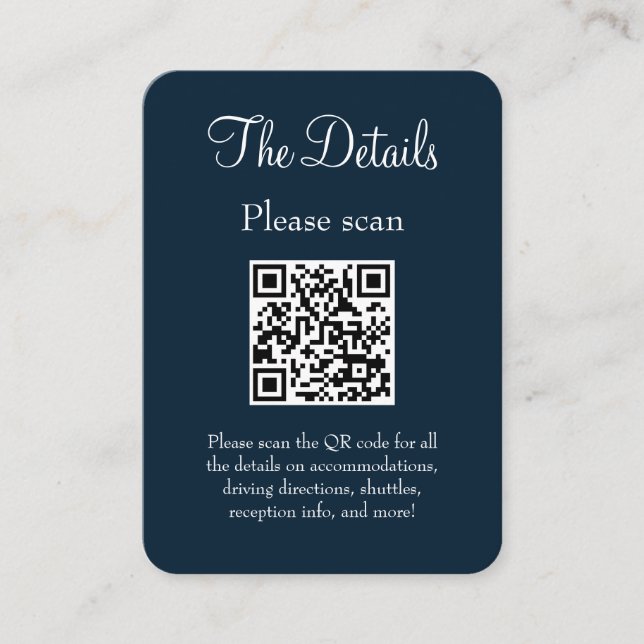 Cartão De Informações Simples Marinho Azul Detalhes do Casamento QR (Frente)