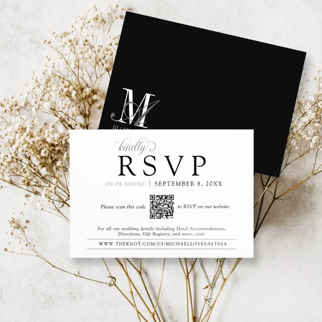 Cartão De Informações Simples preto e branco Monograma Casado QR RSVP (Simple classic black and white vintage monogram crest informal QR code rsvp on wedding website card)