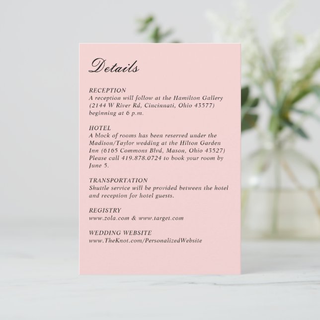 Cartão De Informações Simples Script Bonito Casamento Rosa Vertical Pequ (Em pé/Frente)