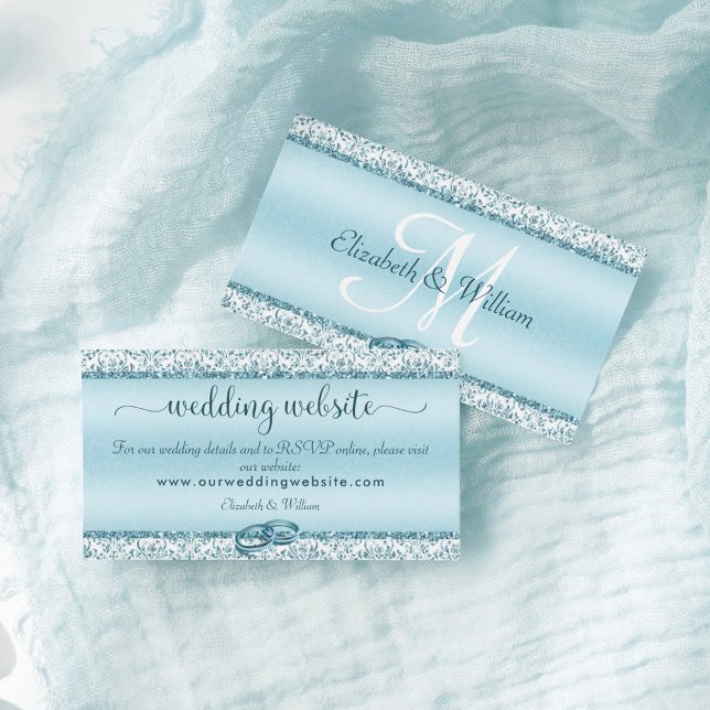 Cartão De Informações Site de Casamento Azul do Damask Elegante (Criador carregado)