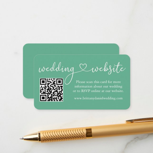 Cartão De Informações Site de Casamento Cardíaco Caligrafia QR Mint Gree (Frente/Verso In Situ)