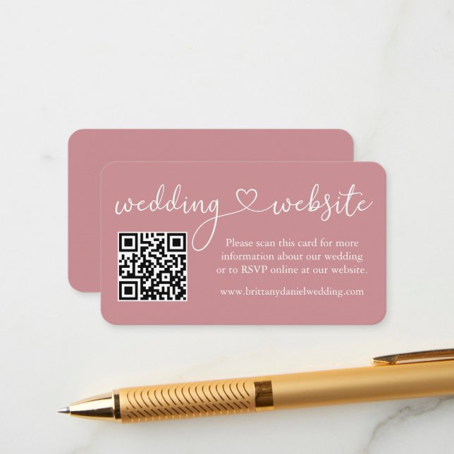 Cartão De Informações Site de Casamento Cardíaco de Caligrafia QR Dusty  (Frente/Verso In Situ)