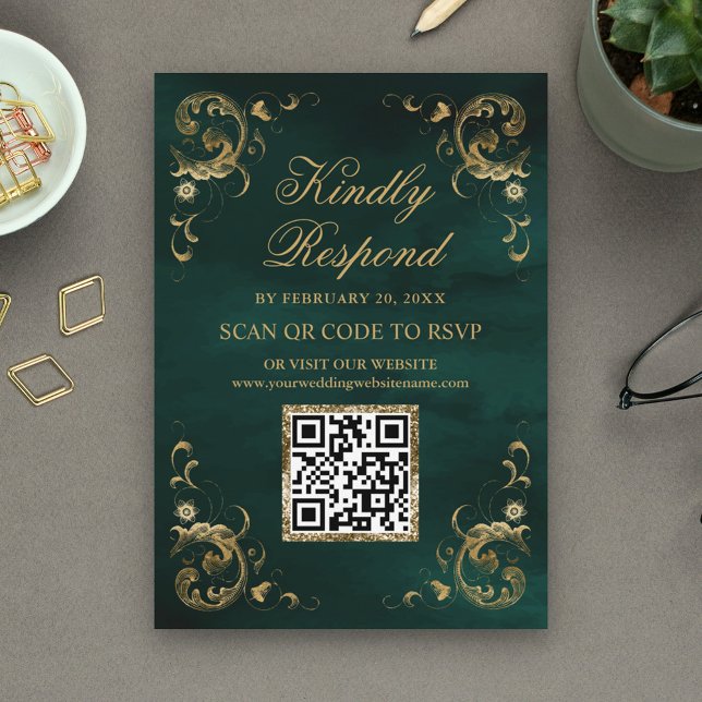 Cartão De Informações Site de casamento com código QR dourado esmeralda  (Criador carregado)