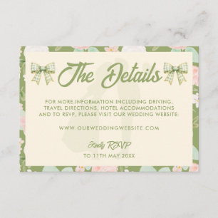 Cartão De Informações Site de Casamento com Laço de Gingham Verde Flor S