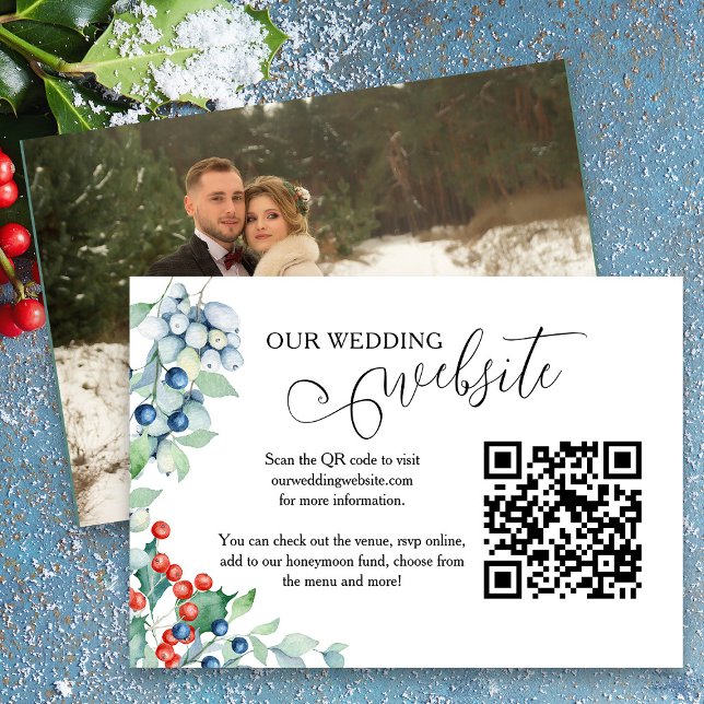 Cartão De Informações Site de Casamento de casamento no inverno Holly Be (Wedding website insert card with qr code and full size photo from my Winter Berries wedding suite)