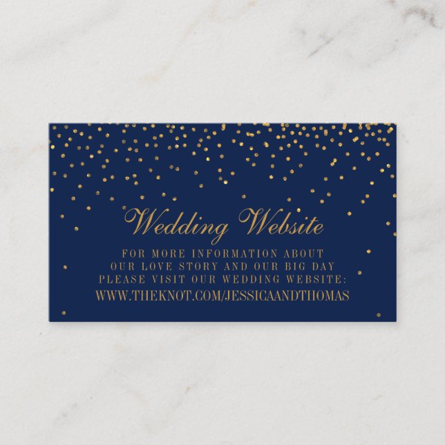 Cartão De Informações Site de Casamento de Confetti Azul & Glam Dourado  (Frente)