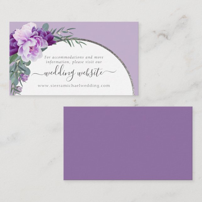 Cartão De Informações Site de Casamento de Prata Floral Roxo Elegante (Frente/Verso)