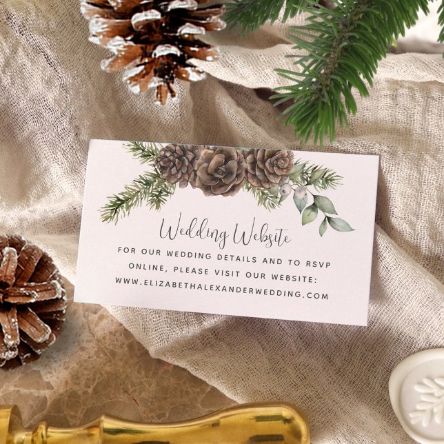 Cartão De Informações Site de Casamento de Winter Pine Cone Greenery (Criador carregado)