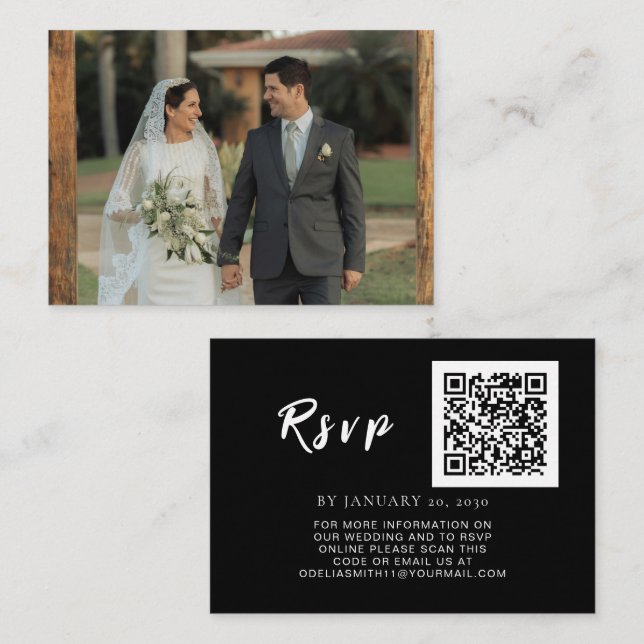 Cartão De Informações Site de Casamento Elegante | Foto Código QR RSVP (Frente/Verso)