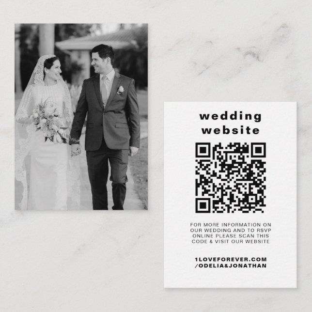 Cartão De Informações Site de Casamento Elegante | Foto Código QR RSVP (Frente/Verso)