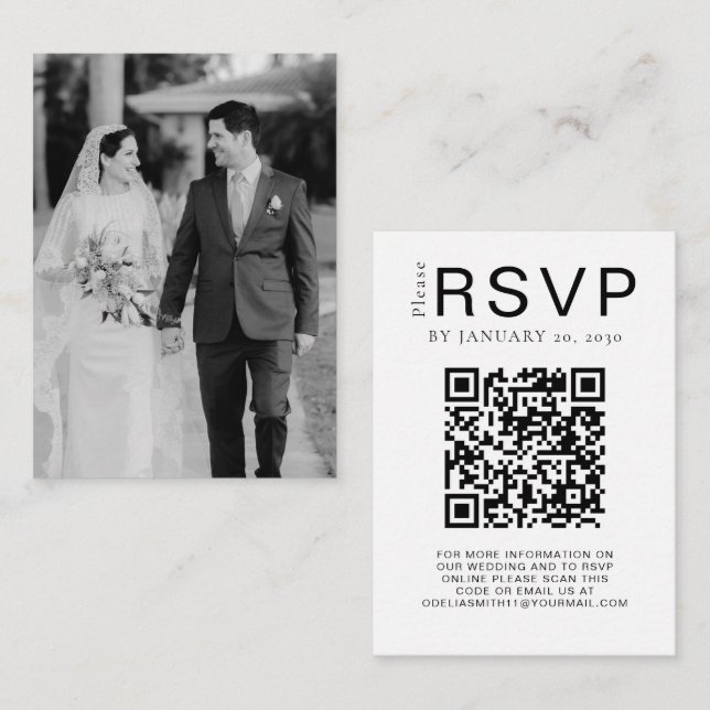 Cartão De Informações Site de Casamento Elegante | Foto de código QR RSV (Frente/Verso)