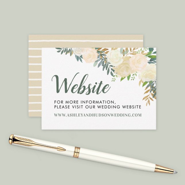 Cartão De Informações Site de Casamento Floral e Creme Dourado (Criador carregado)