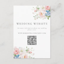 Site de casamento floral pastel azul e rosa com QR