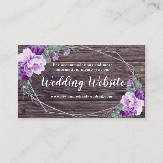 Cartão De Informações Site de Casamento Floral Rustic Silver & Purple (Frente)