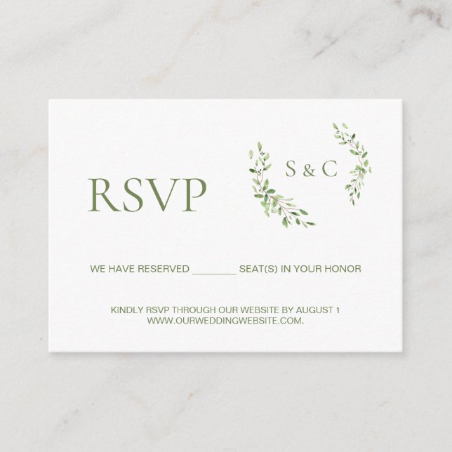 Cartão De Informações Site de casamento Green leaf Monogram Crest RSVP (Frente)