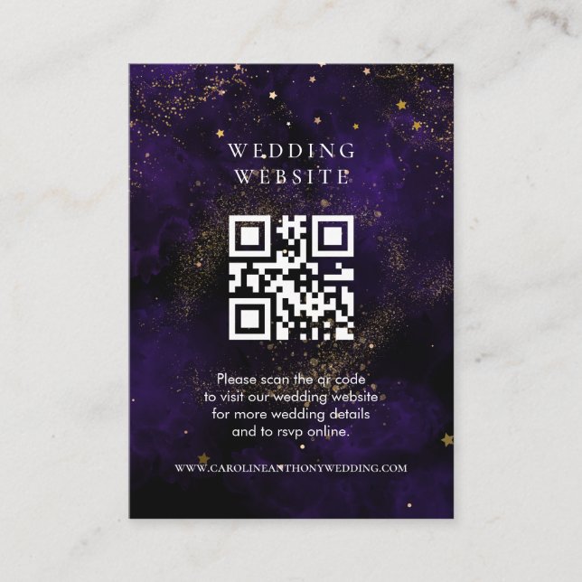 Cartão De Informações Site De Casamento Qr Código Escuro Roxo Dourado Má (Frente)