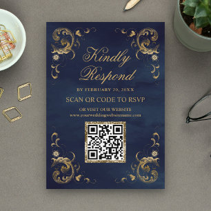 Cartão De Informações Site de Casamento RSVP Código QR Azul Marinho Dour