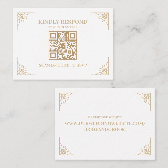 Cartão De Informações Site de Casamento RSVP de Código QR Branco e Doura (Frente/Verso)