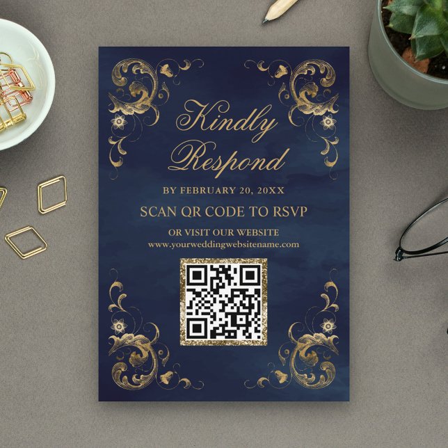Cartão De Informações Site de Casamento RSVP de Código QR Dourado do mar (Criador carregado)