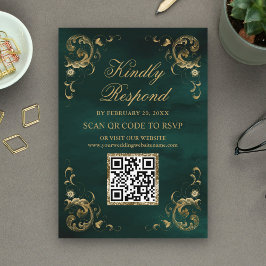 Cartão De Informações Site de Casamento RSVP de Código QR Dourado Emeral