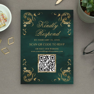 Cartão De Informações Site de Casamento RSVP de Código QR Dourado Emeral