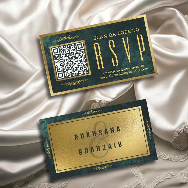 Cartão De Informações Site de Casamento RSVP de Código QR Dourado Emeral (Criador carregado)